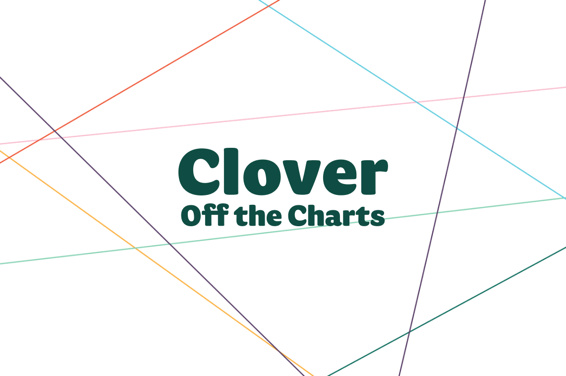 Graphic images with multicolor lines that reads Clover off the Charts